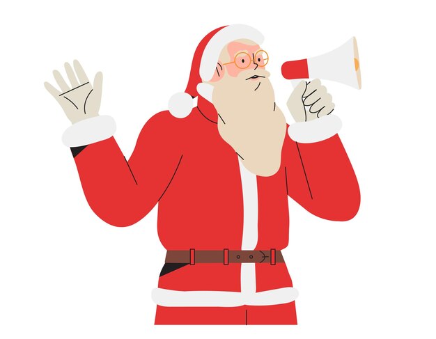 Santa Claus hablando en altavoz o megáfono deseando felices vacaciones de invierno