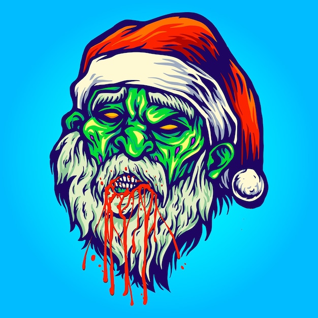 Santa Claus Head Zombie Bloods Ilustraciones vectoriales para su trabajo Logotipo, camiseta de mercancía de la mascota, diseños de pegatinas y etiquetas, carteles, tarjetas de felicitación, publicidad de empresas comerciales o marcas.