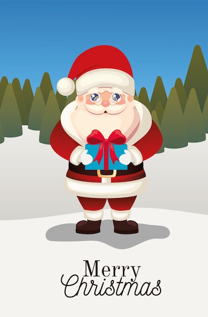 santa claus con letras de feliz navidad y caja de regalo sobre un fondo de bosque