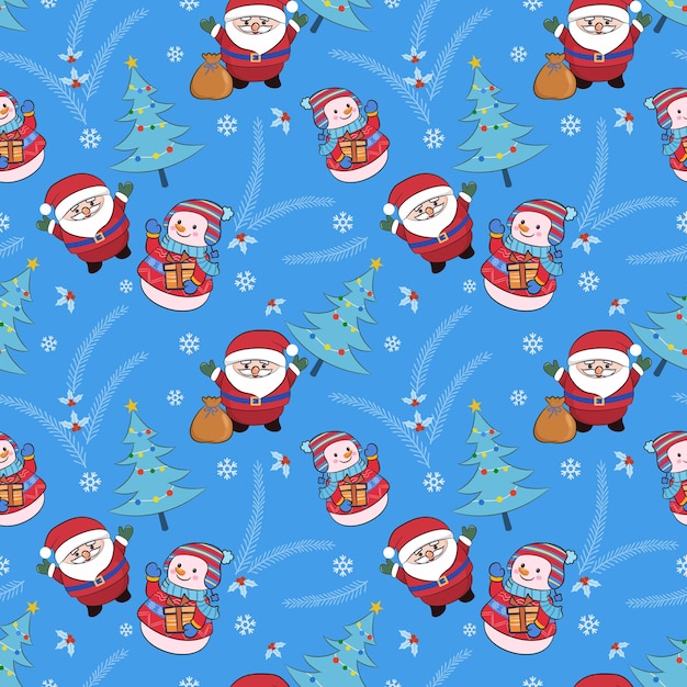 Vector santa claus lindo con hombre de nieve árbol de navidad y caja de regalos patrón sin costuras para papel tapiz textil de tela