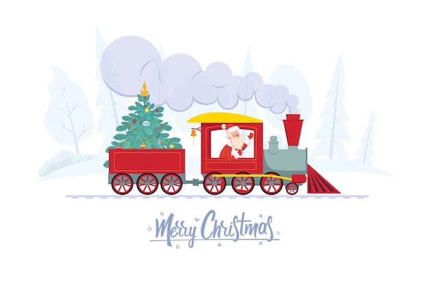 Vector santa claus lleva un árbol de navidad decorado a los niños para unas vacaciones en tren.