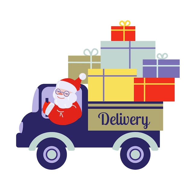 Santa Claus lleva cajas de regalos en el camión.