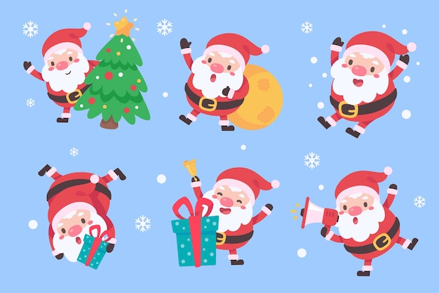 Santa Claus lleva un disfraz rojo en varias poses para dar regalos el día de Navidad