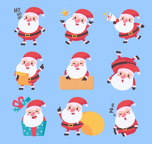 Santa Claus lleva un disfraz rojo en varias poses para dar regalos el día de Navidad