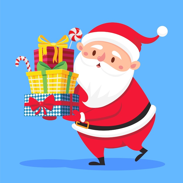 Santa Claus llevando regalos en las manos. Vacaciones de invierno presenta ilustración de dibujos animados