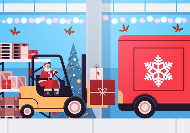 Santa claus en máscara carretilla elevadora cargando regalos coloridos en camión feliz navidad feliz año nuevo concepto de entrega urgente ilustración vectorial horizontal