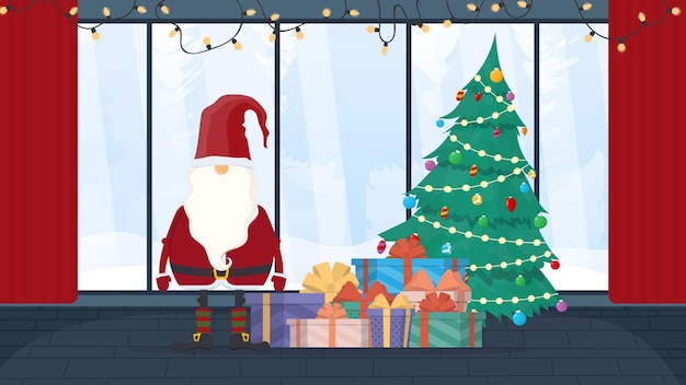 Santa Claus con una montaña de regalos y un árbol de Navidad se encuentra en la sala festiva. Un anciano de barba blanca con ropa roja. Una habitación oscura con cortinas rojas y guirnaldas. Vector.