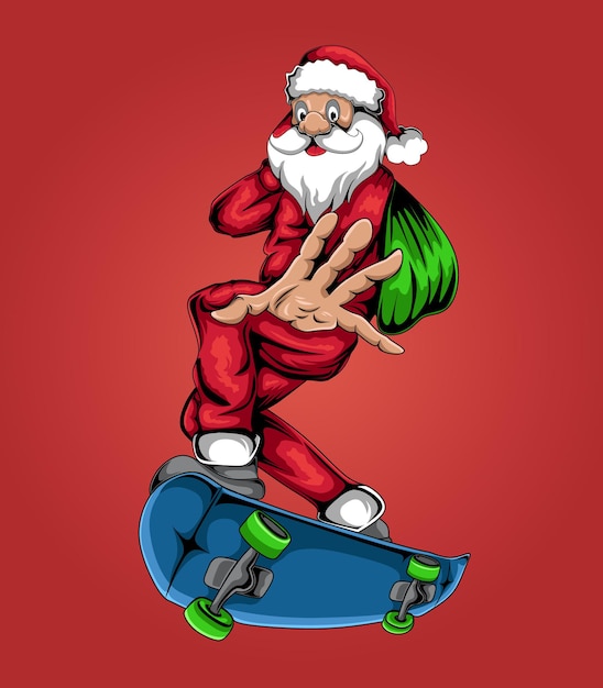 Santa claus montando una ilustración de vector de patineta