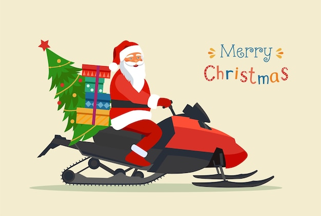 Santa claus montando motos de nieve aislado. feliz navidad tipografía estilizada.