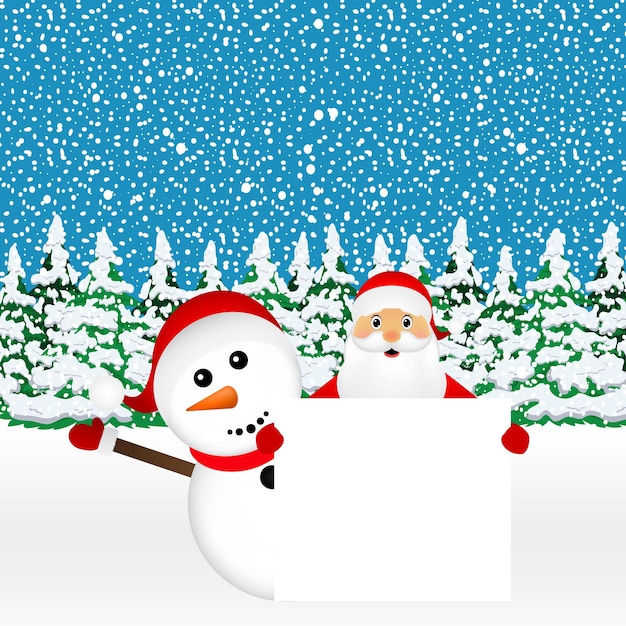 Vector santa claus y muñeco de nieve con pancarta blanca en blanco en el bosque