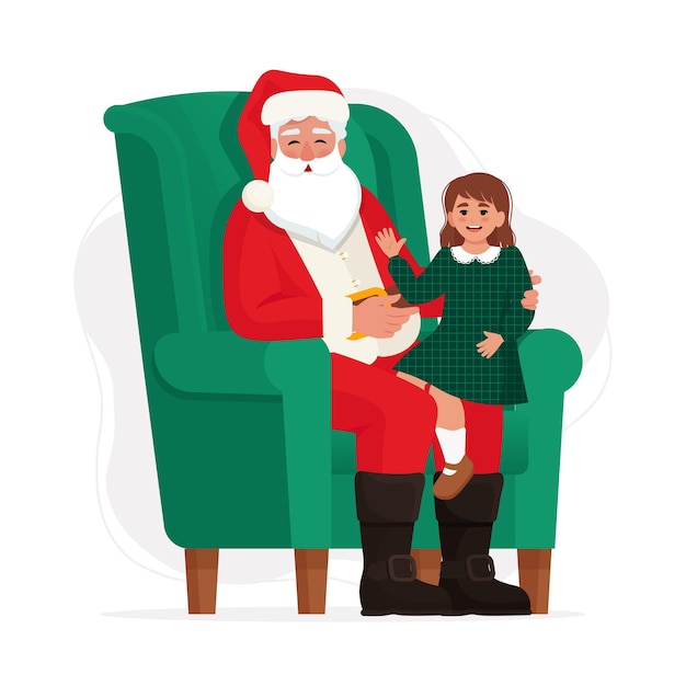 Santa Claus con un niño sentado en una silla Ilustración de vector de estilo plano