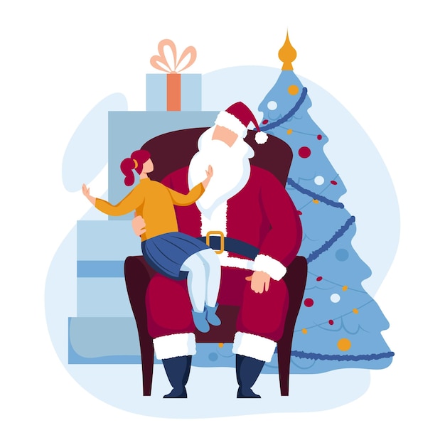 Santa claus y el niño se sientan de rodillas celebración navidad feliz año nuevo vacaciones feliz navidad familia