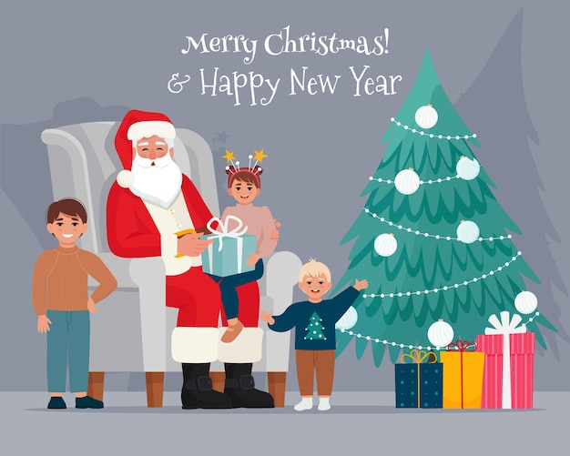 Santa Claus con niños sentados en una silla en casa Ilustración de vector de estilo plano