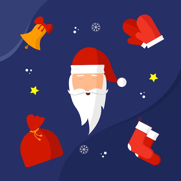 Santa Claus con objetos navideños en fondo azul concepto navideño