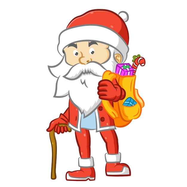 Santa claus con palo sosteniendo un saco amarillo de regalo