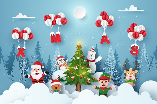 Santa Claus y personaje de dibujos animados lindo en fiesta de Navidad con globo de Navidad