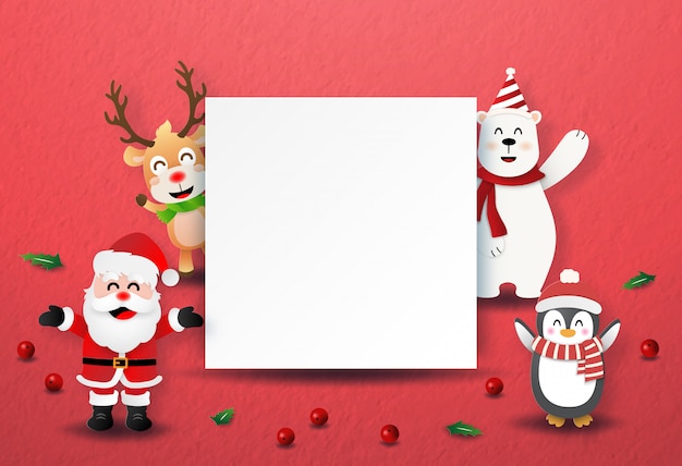 Santa Claus y personaje de Navidad con etiquetas en blanco copyspace