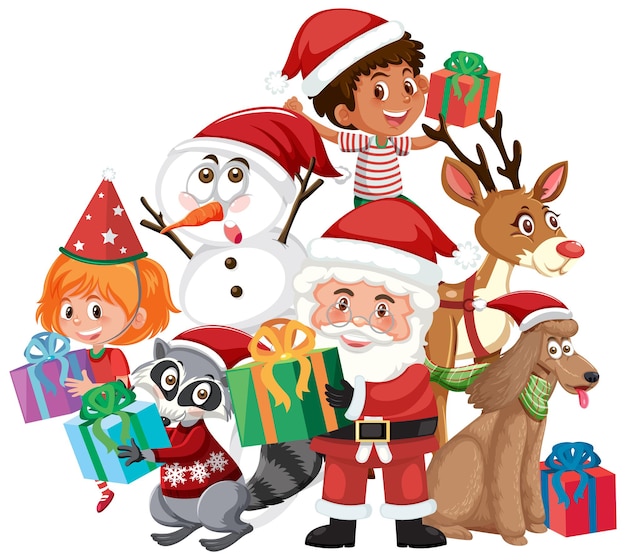 Santa Claus con personajes de dibujos animados de Navidad