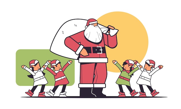 santa claus de pie con elfos de raza mixta en uniforme feliz año nuevo feliz navidad vacaciones celebración tarjeta de felicitación horizontal lineal vector ilustración