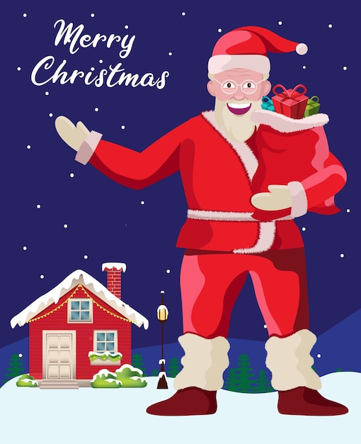 Santa Claus de pie fuera de casa en el vector de nieve