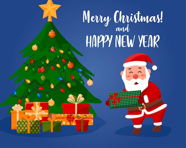 Santa Claus pone un regalo debajo del árbol. ilustración de dibujos animados.
