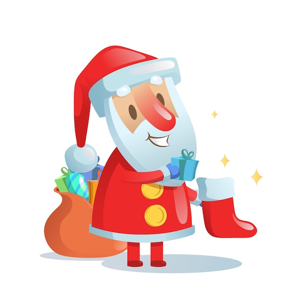 Vector santa claus poniendo regalos en medias de navidad