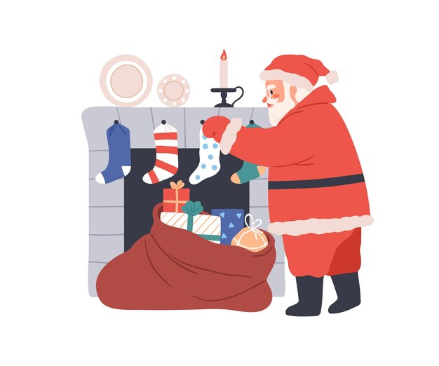 Santa Claus poniendo regalos de Navidad en calcetines en la chimenea. Viejo hombre barbudo con una bolsa de regalos de Navidad cerca de la chimenea de casa con medias. Ilustración de vector plano aislado sobre fondo blanco