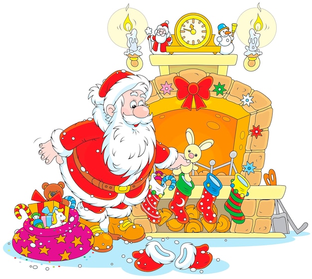 Santa claus poniendo sus regalos navideños en calcetines decorados en una chimenea