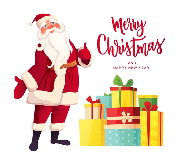 Santa Claus con pulgares arriba y diferentes cajas de regalo. Feliz Navidad texto de letras a mano.