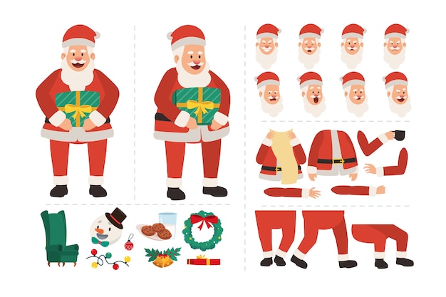 Vector santa claus con regalo de navidad. personaje para el diseño de animación con diversas expresiones faciales, gestos con las manos, movimiento del cuerpo y de las piernas.