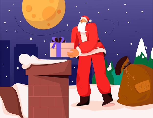 Santa claus con regalos y de pie junto a la chimenea