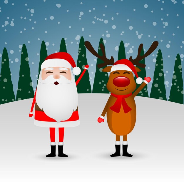 Santa Claus y renos divertidos en un bosque invernal en una colina agitan la mano y saludan