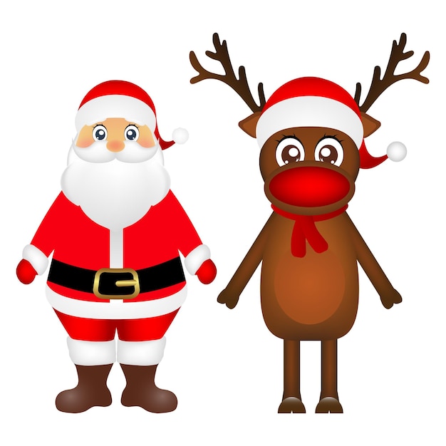 Santa Claus y renos navideños están parados sobre un vector de respaldo blanco