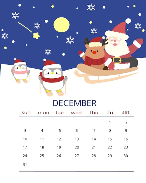 Santa claus y rudolph calendario de diciembre con pingüino