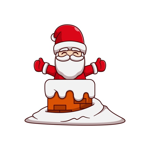 Santa Claus saliendo de la chimenea en la nieve.