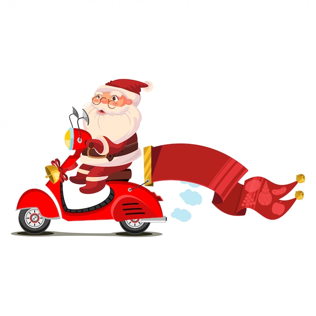 Santa claus en un scooter con un personaje de dibujos animados de bandera roja aislado en blanco