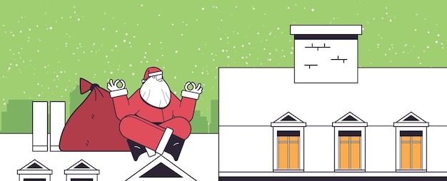 santa claus sentado pose de loto en el techo de la construcción de la casa feliz navidad feliz año nuevo celebración de vacaciones de invierno