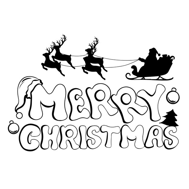Santa Claus y la silueta de renos Feliz tarjeta de Navidad Arte de ilustración vectorial en blanco y negro