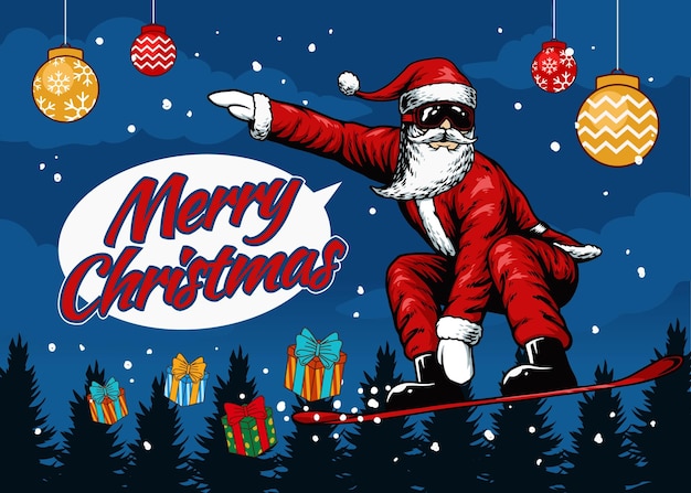 Vector santa claus en snowboard estilo libre dibujado a mano ilustración banner regalo tarjeta vector diseño