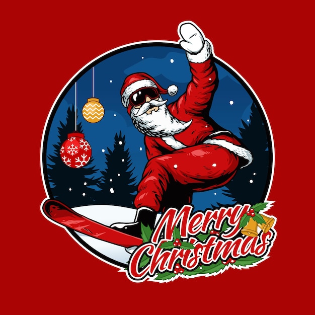 Santa claus en snowboard estilo libre dibujado a mano ilustración banner regalo tarjeta vector diseño