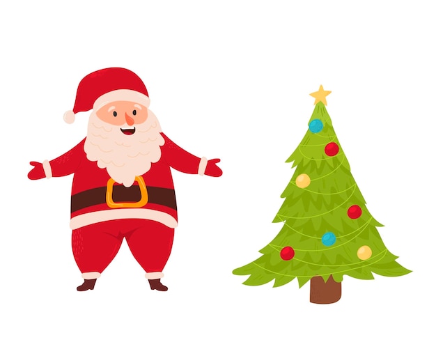 Santa claus sobre fondo blanco Árbol de navidad decorado con luces de estrellas bolas de decoración y lámparas Ilustración vectorial para tarjeta de navidad retro