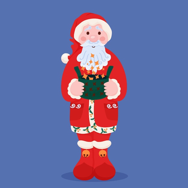 Santa claus sobre fondo blanco con caja mágica. ilustración de vector de tarjeta de navidad o año nuevo.