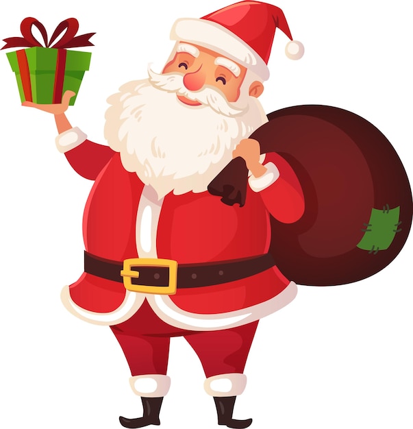 Santa Claus sonriendo alegremente sostiene un colorido regalo de Navidad y una bolsa llena de regalos preparándose para difundir la alegría navideña y celebrar la magia de la temporada