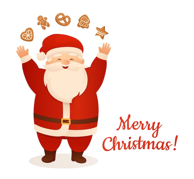 Santa Claus sosteniendo con galleta tarjeta de Navidad de pan de jengibre hace malabares con la panadería de jengibre