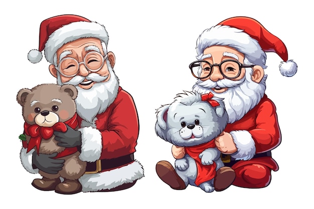 Santa Claus sosteniendo un osito de peluche en la ilustración de vector de vacaciones de Navidad