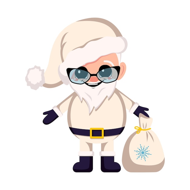 Santa claus en traje y sombrero con bolsa de regalos y gafas. símbolo de navidad y año nuevo. lindo personaje con emociones felices y sonrisa.