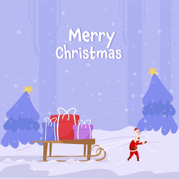 Santa Claus con trineo lleno de cajas de regalo y árboles de Navidad sobre fondo de nevadas para la celebración de la Feliz Navidad.
