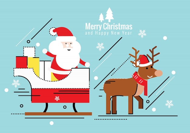 Vector santa claus en trineo y sus renos. navidad y feliz año nuevo concepto. elementos de diseño de línea plana delgada. ilustración vectorial