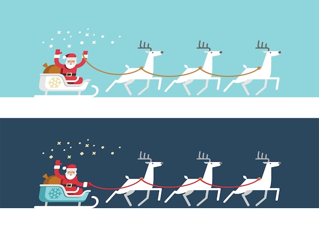 Santa Claus en trineo y sus renos. Tarjeta de Navidad.