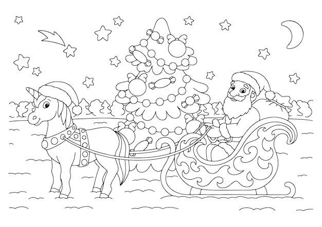 Santa claus y el unicornio llevan regalos en un trineo navideño. página de libro para colorear para niños.